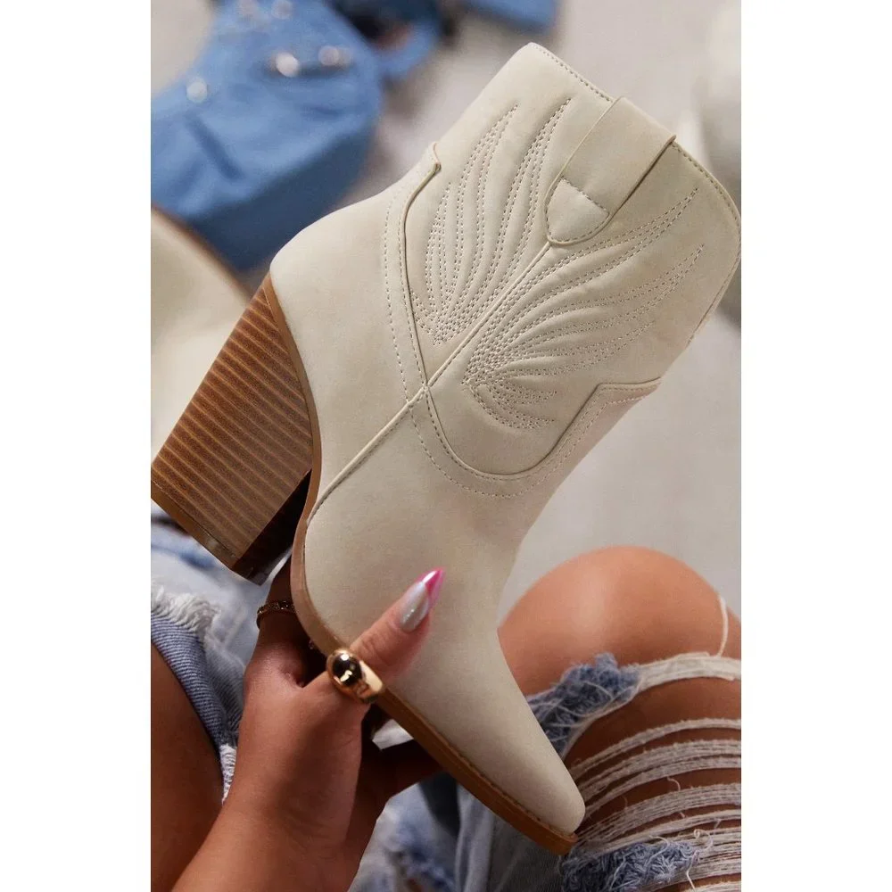 NEW Beige Distress Nubuck PU Western Cowboy Block Heel Ankle Booties Boots Shoe - Picture 11 of 12